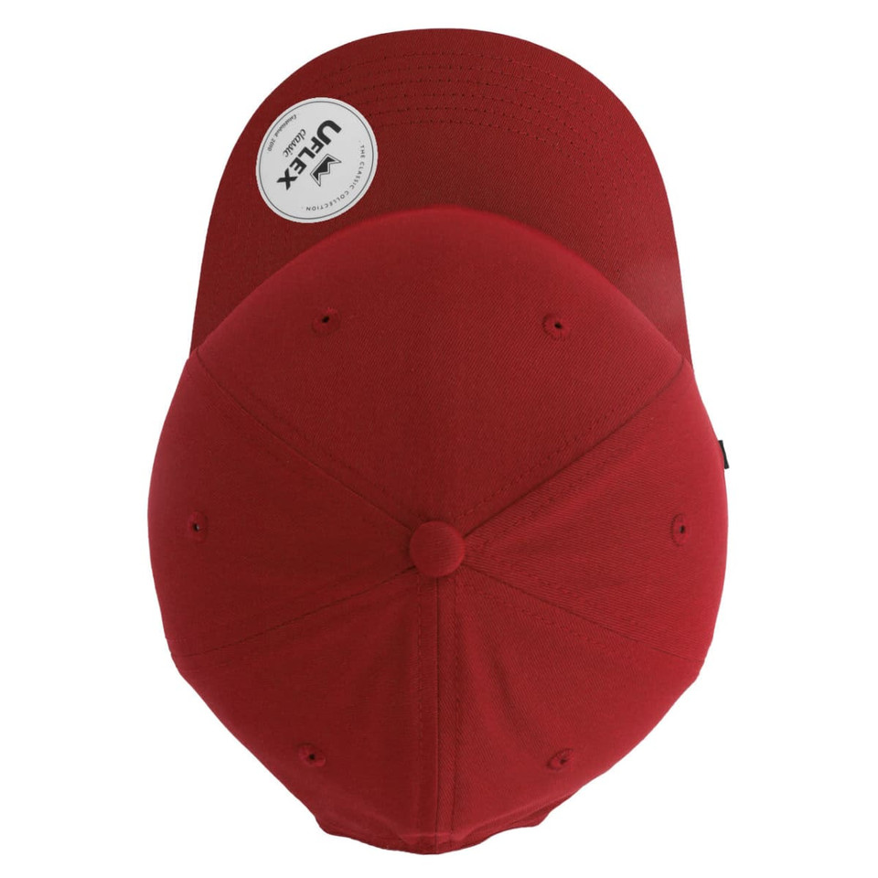 A red classic 6 panel cap, featuring a rounded crown and a curved brim, with a logo on the side.
