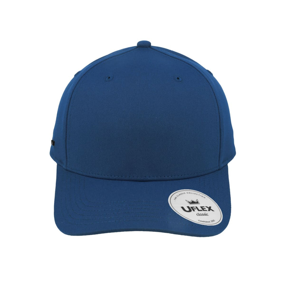 A blue classic 5 panel cap with a curved brim and a logo on the side.