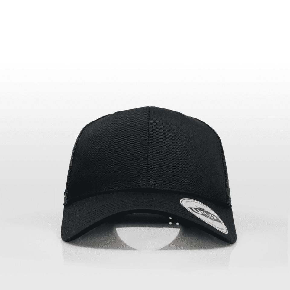 A black trucker cap featuring a logo, with a six-panel design and mesh back.