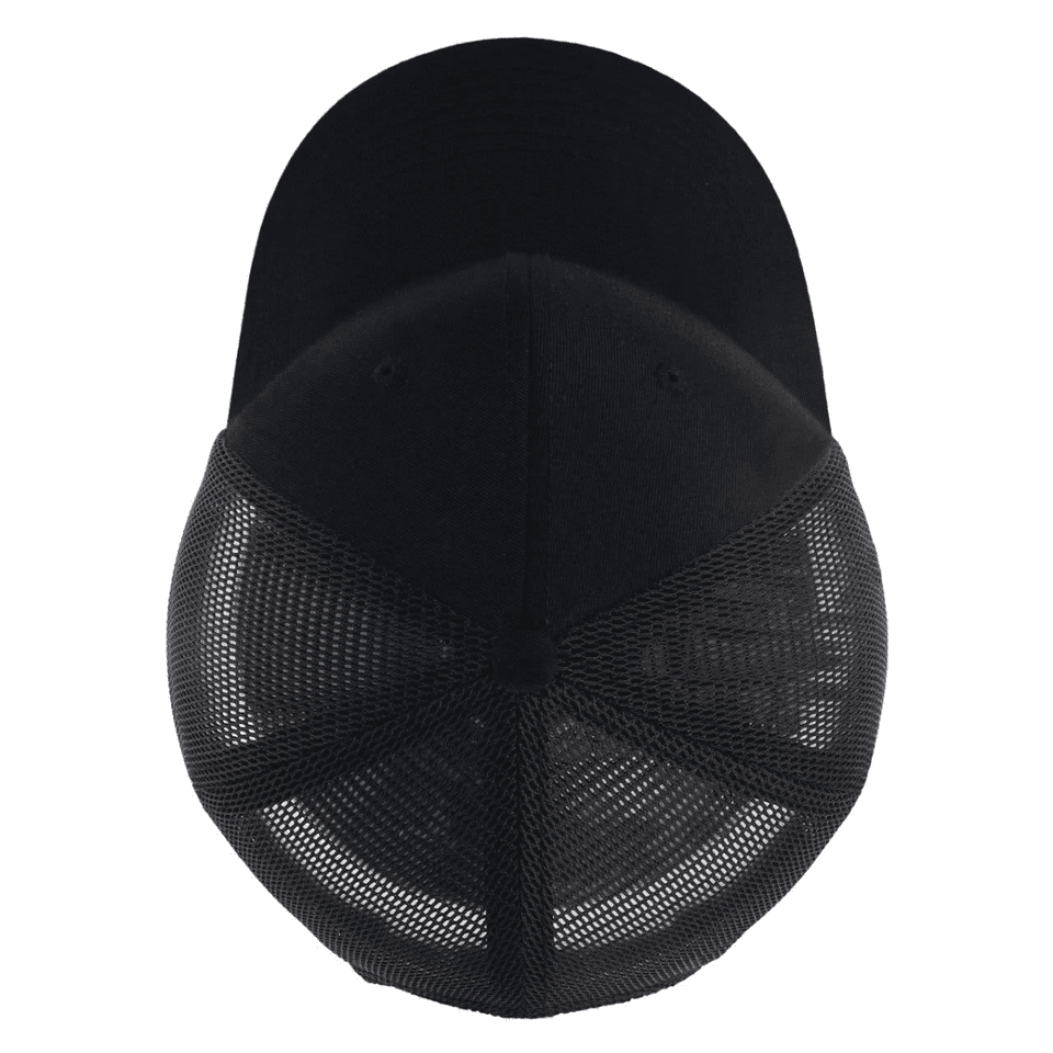 A black trucker cap with a solid front panel and mesh back, featuring a logo on the front.