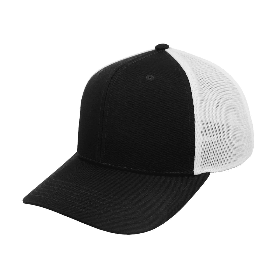 A black and white trucker cap featuring a mesh back and a solid front panel, with a logo on the front.
