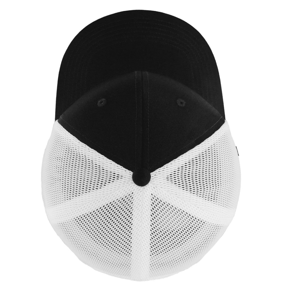 A black and white trucker cap featuring a solid black front and a white mesh back, with a central button on top.