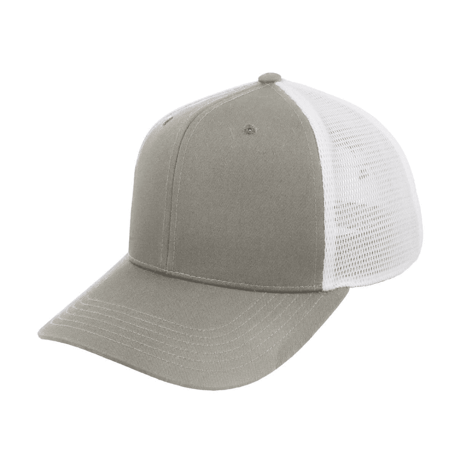 A grey trucker cap with a white mesh back and a curved brim, featuring a logo on the front.