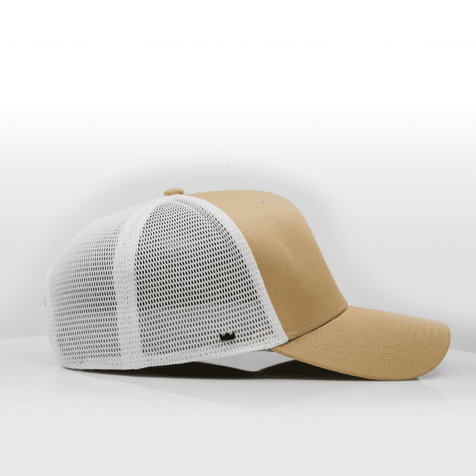 A tan 6-panel trucker cap with a white mesh back and a branded logo on the side.