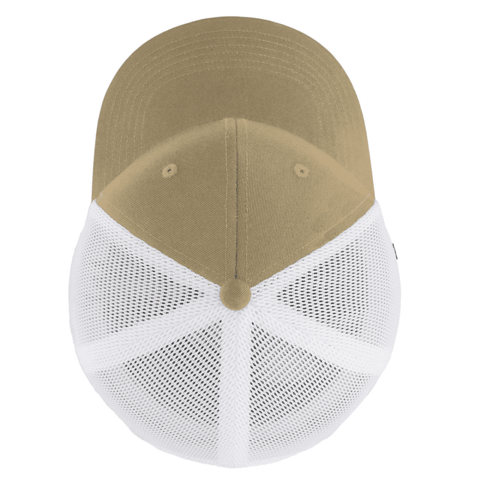 A high-profile trucker cap featuring a beige top and white mesh panels, with a logo on the side.