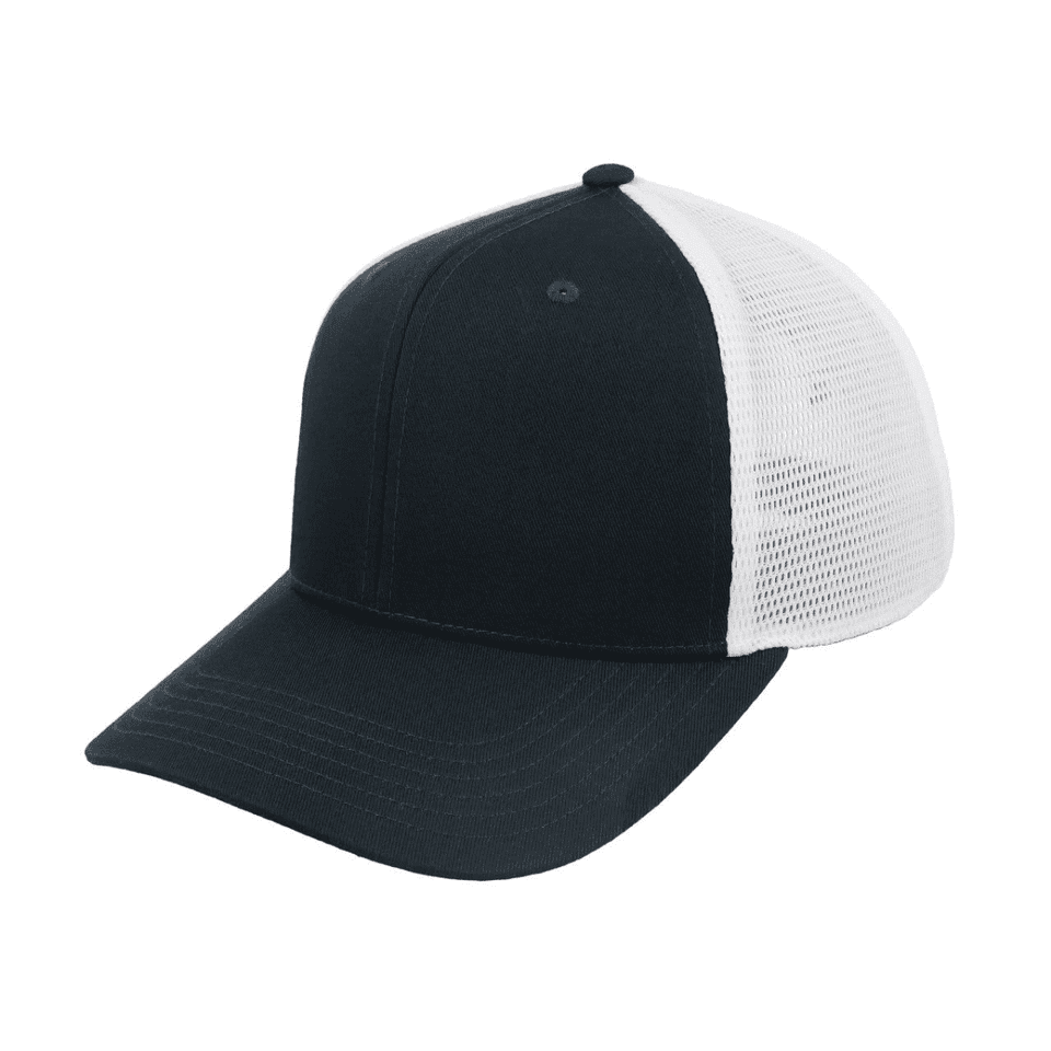 A black and white trucker cap featuring a solid front and mesh back, complete with a logo.