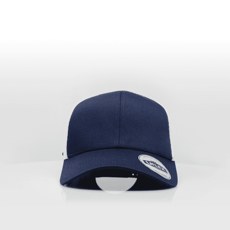 A navy blue trucker cap with a structured front, mesh back, and a round logo on the side.