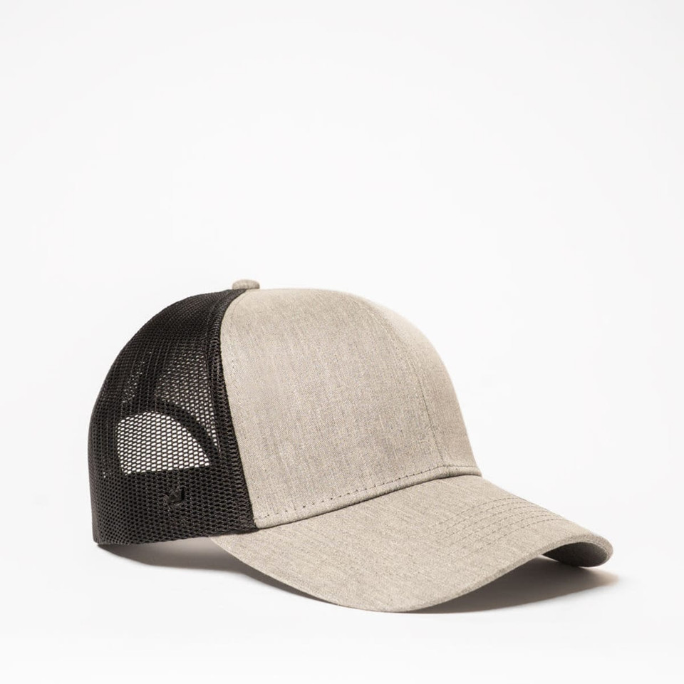 A grey and black trucker cap with a mesh back and a curved brim, featuring a logo.