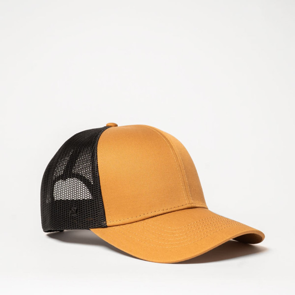 A yellow and black trucker cap featuring a mesh back and a solid front panel, with a logo on the side.