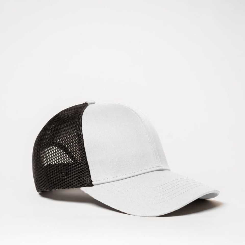 A grey and black UFlex Classic Ultra-lite 6 Panel Trucker Cap with a mesh back and a branded logo.