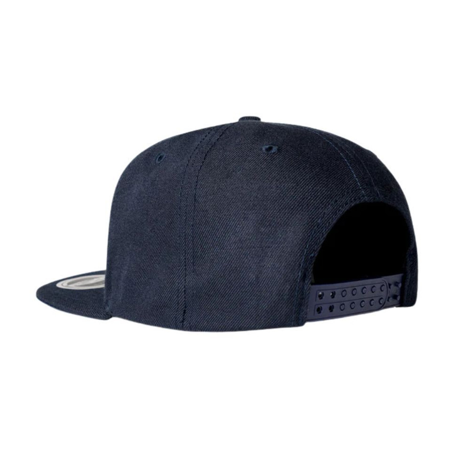 A navy snapback cap featuring a branding logo on the side, viewed from the back.