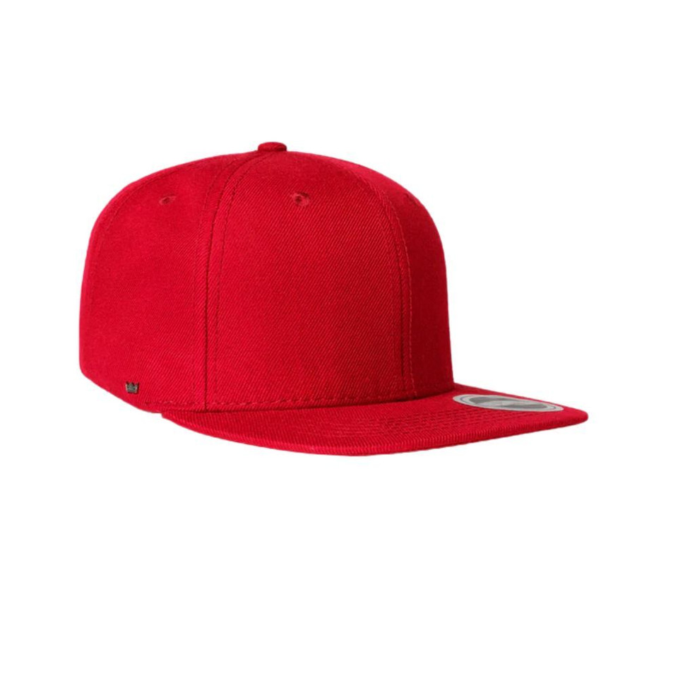 A red snapback cap featuring a flat brim and a logo on the side. The design is simple and modern.