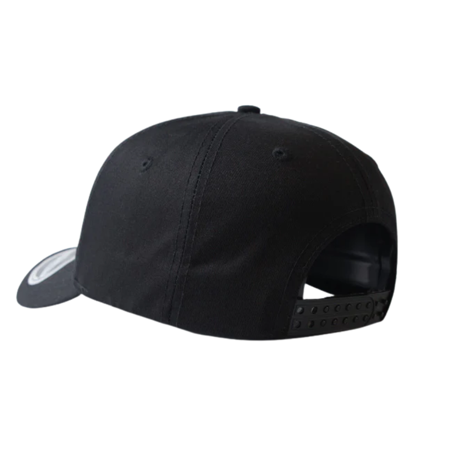 Black snapback cap with adjustable back closure.