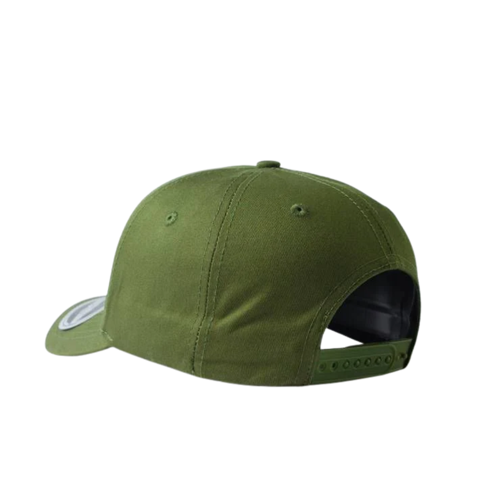 A green five-panel snapback cap with a curved brim and an adjustable strap at the back. Features a logo.