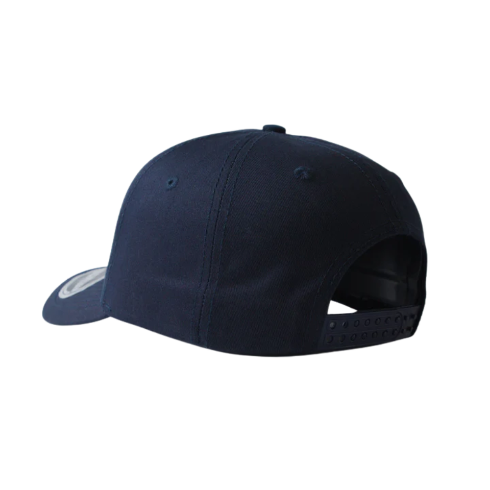 Navy blue snapback cap with adjustable strap and classic design.