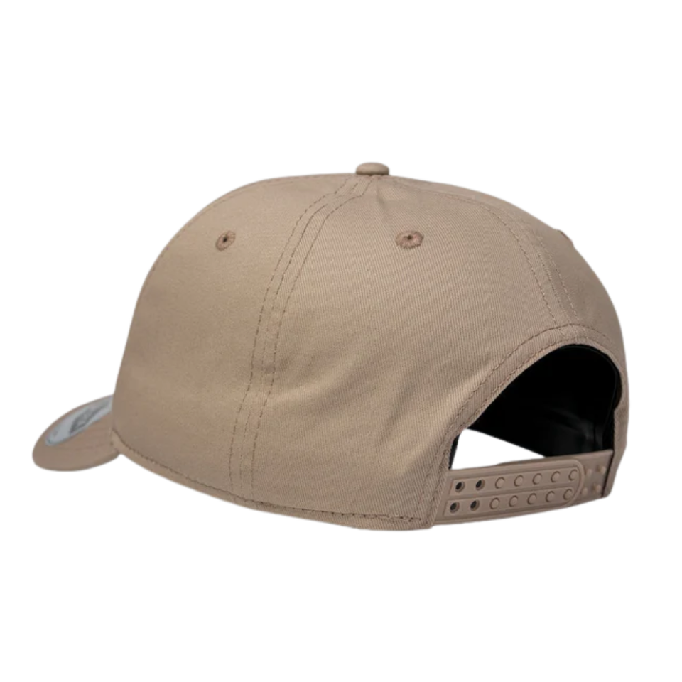 A tan five-panel snapback cap with a branded logo and an adjustable strap at the back.