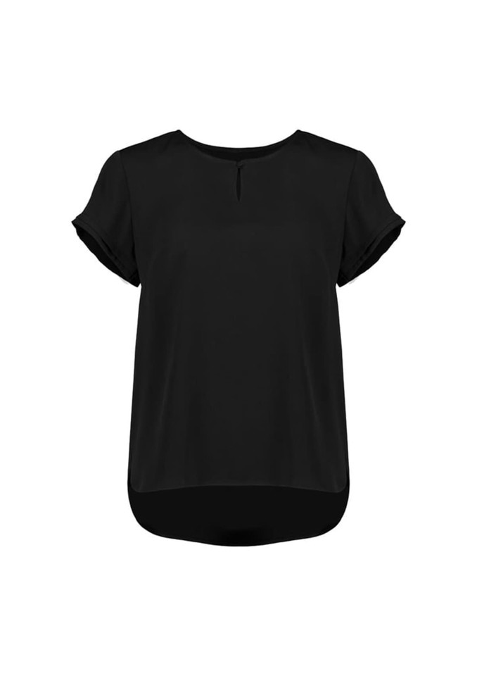 A black short sleeve blouse with a round neckline and rolled sleeves, featuring a slight drop hem and a logo.