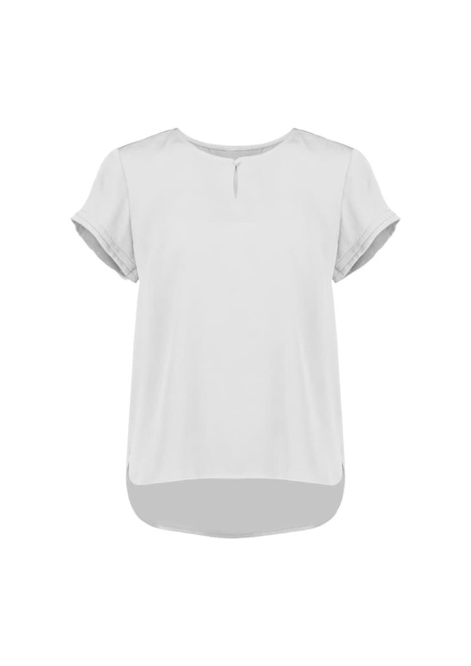 A light grey short sleeve blouse with a round neckline and a slightly longer back hem. It features rolled sleeves and has a logo.