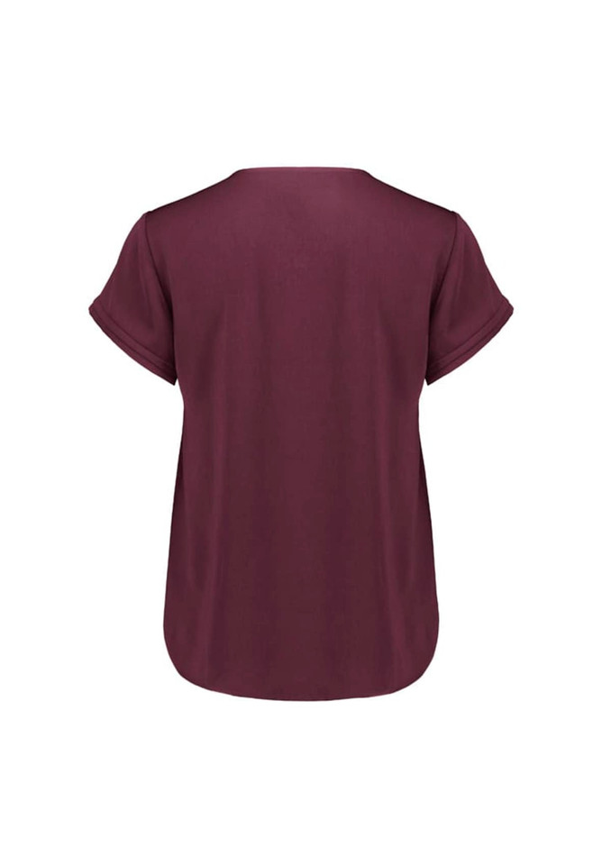 A women's short sleeve blouse in a deep burgundy colour, featuring rolled sleeves and a relaxed fit.