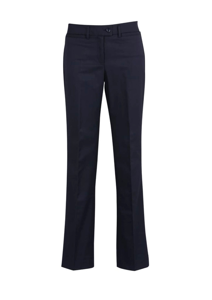 A pair of dark navy relaxed pants with a straight leg and front pockets. The pants feature a button closure and a logo.