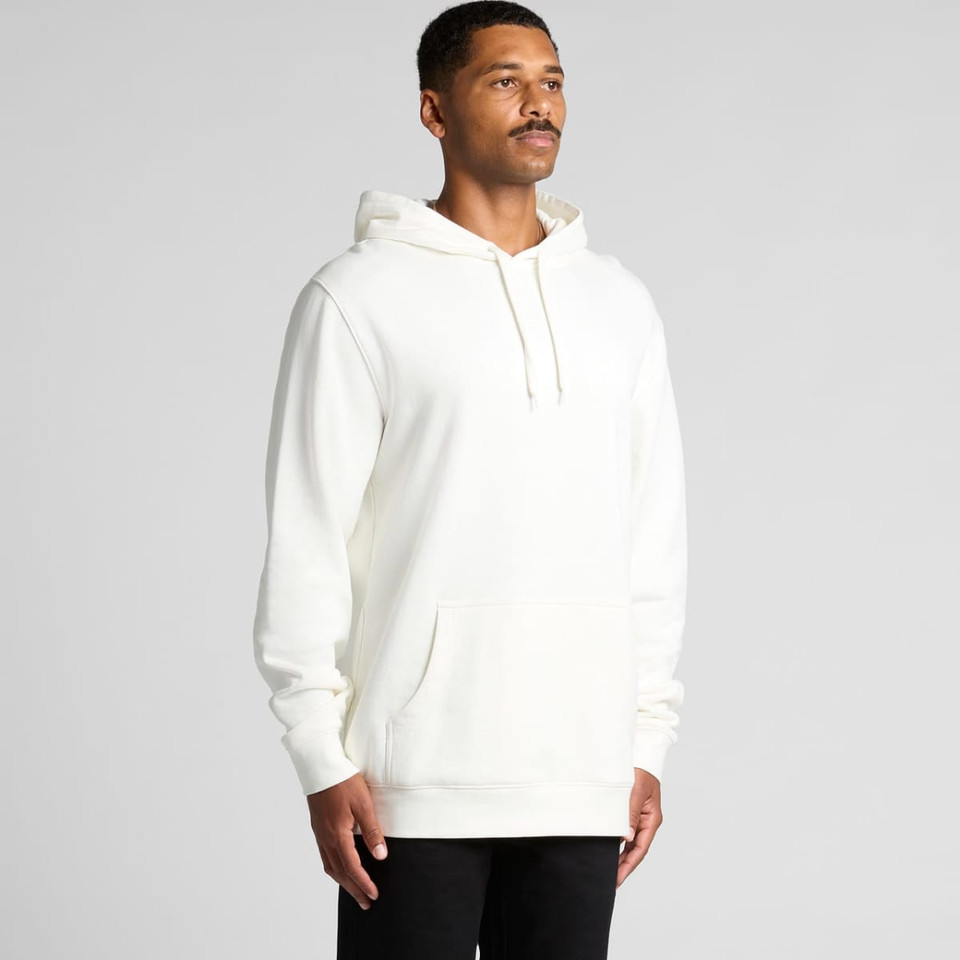 A light cream hoodie with a front pocket and an adjustable hood, featuring a logo.