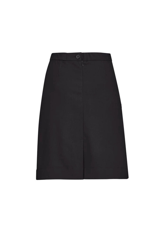 A black women's comfort waist cargo skirt with a straight cut, featuring pockets and a button closure.