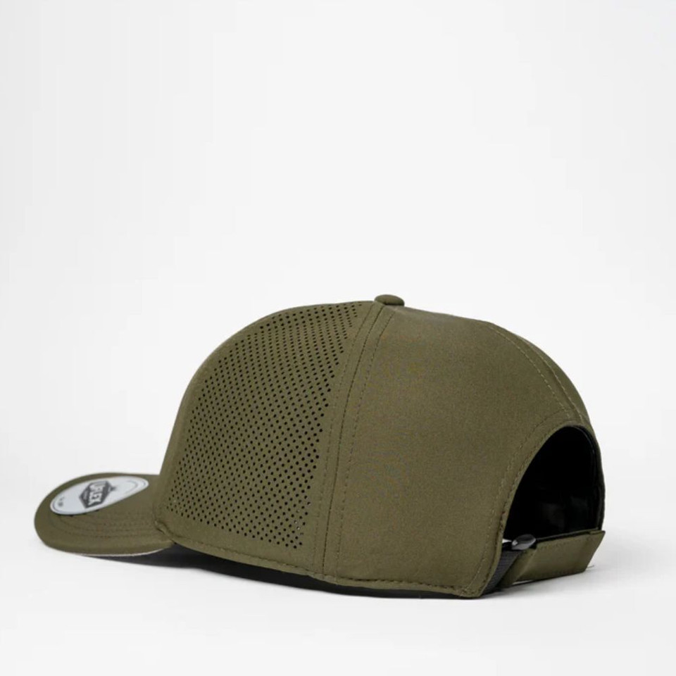 Olive green snapback hat with mesh back for ventilation.