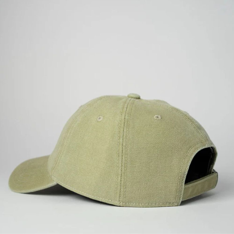 Khaki baseball cap with adjustable strap on a white background.