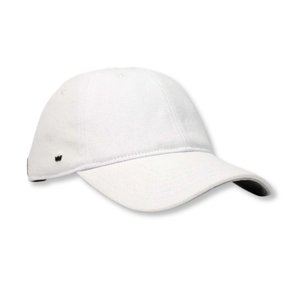 A white cotton canvas unstructured six-panel cap with a branded logo on the side.