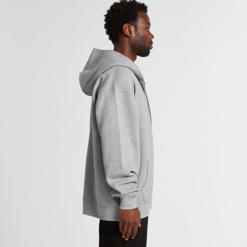 A grey hooded jumper with a relaxed fit and a logo on the front, shown from the side.