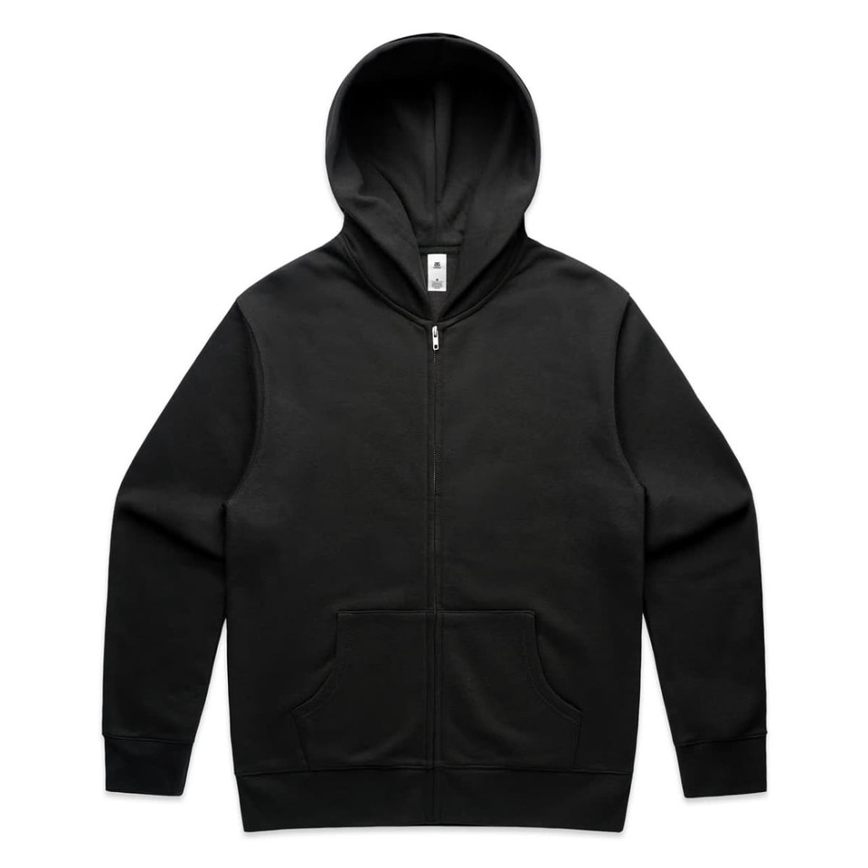 A black zip-up hoodie featuring a front pocket and a hood. It has a logo on the label.