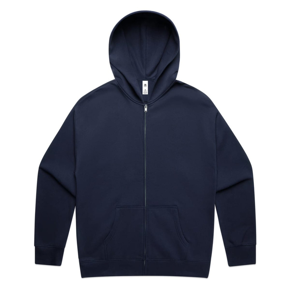 A navy zip-up hoodie with a kangaroo pocket and a hood. It features a small logo on the label inside.