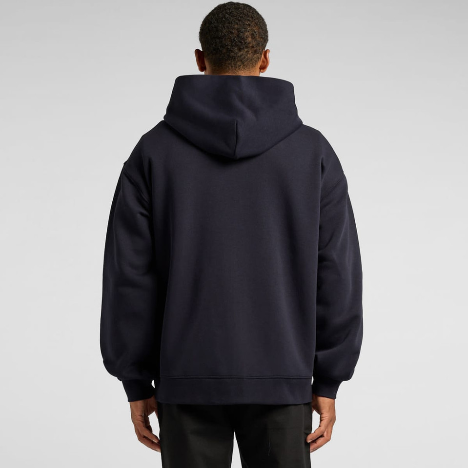 A dark navy hoodie with a large hood, featuring a relaxed fit and long sleeves. The back view showcases its simple design.