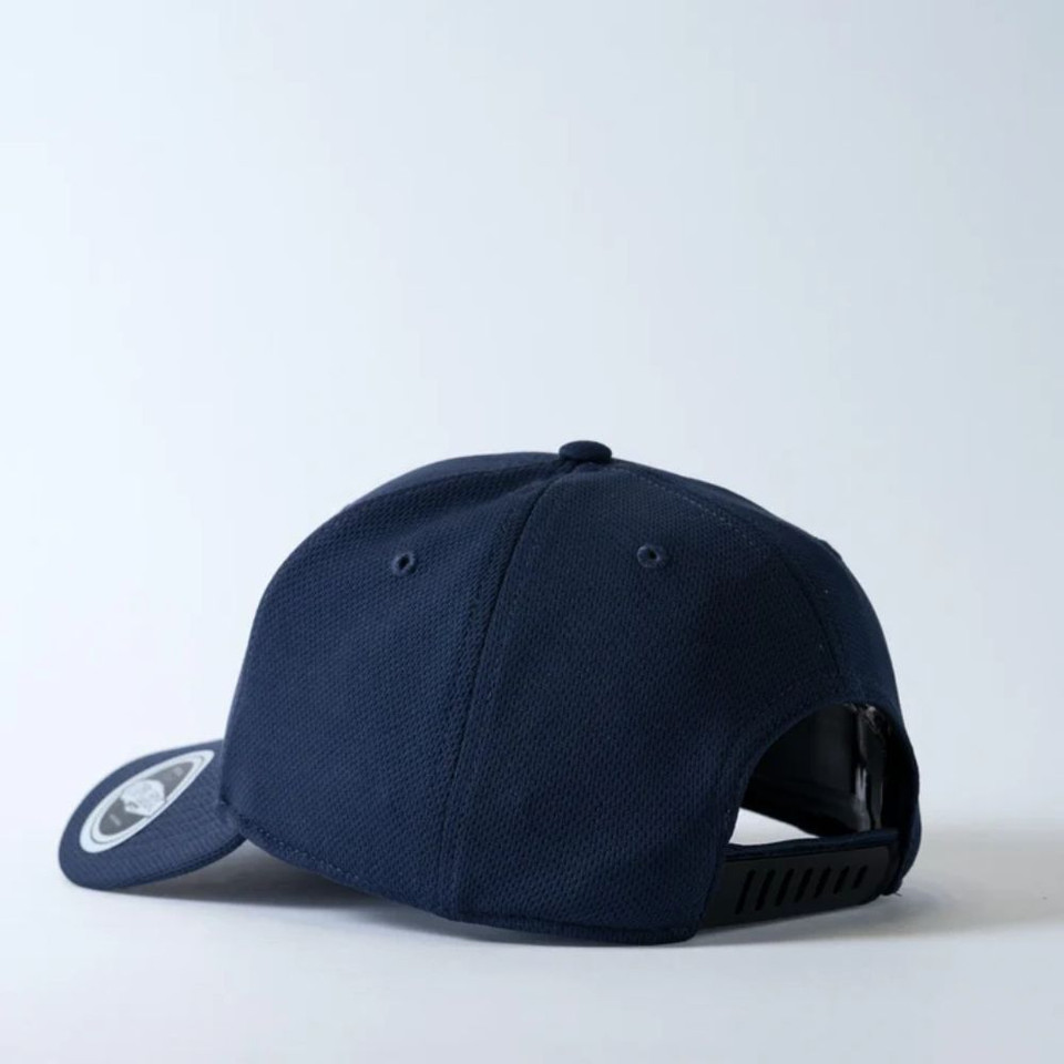 Navy blue baseball cap with adjustable strap viewed from the back.