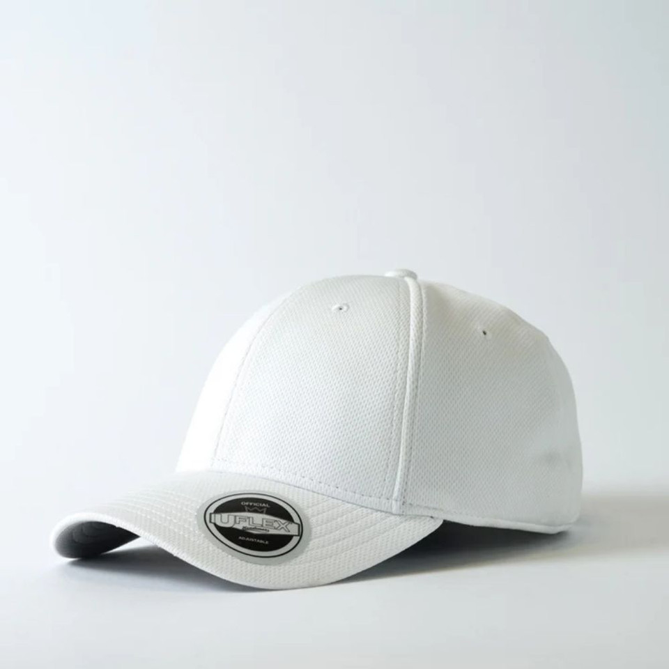 Plain white baseball cap with a curved brim and sewn ventilation holes.