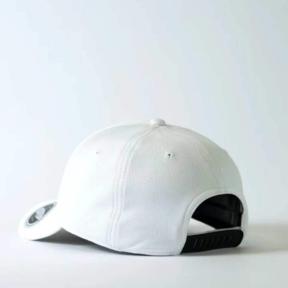 White mesh baseball cap with adjustable black strap, minimalist design.