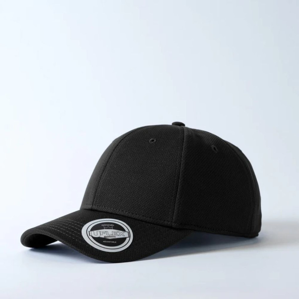 Black UFlex adjustable baseball cap on white background.