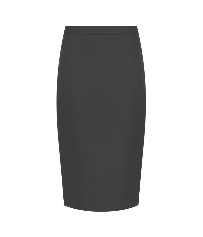 A dark grey longline pencil skirt with a sleek, fitted design and a simple waistband.
