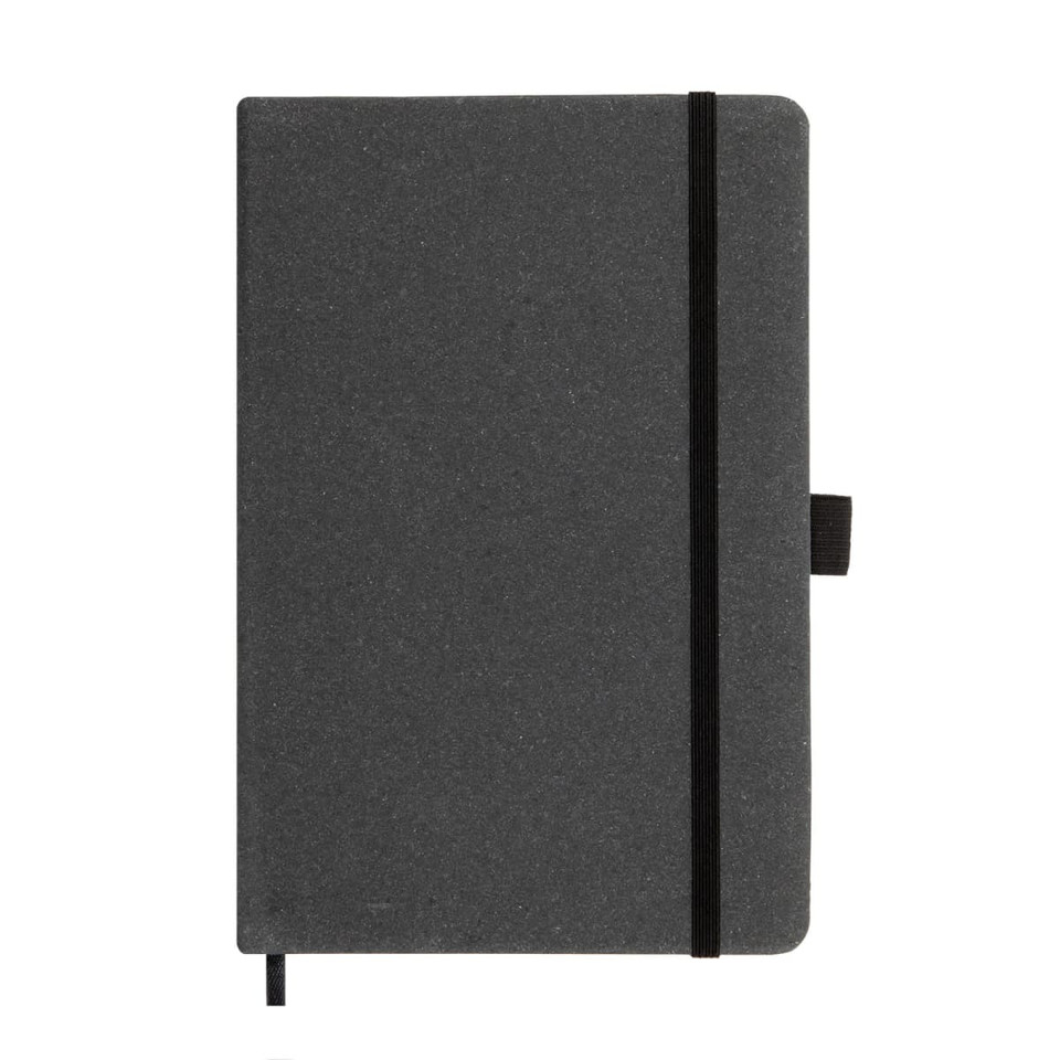 A grey notebook with a black elastic band closure and a ribbon bookmark. It has a simple, sleek design.