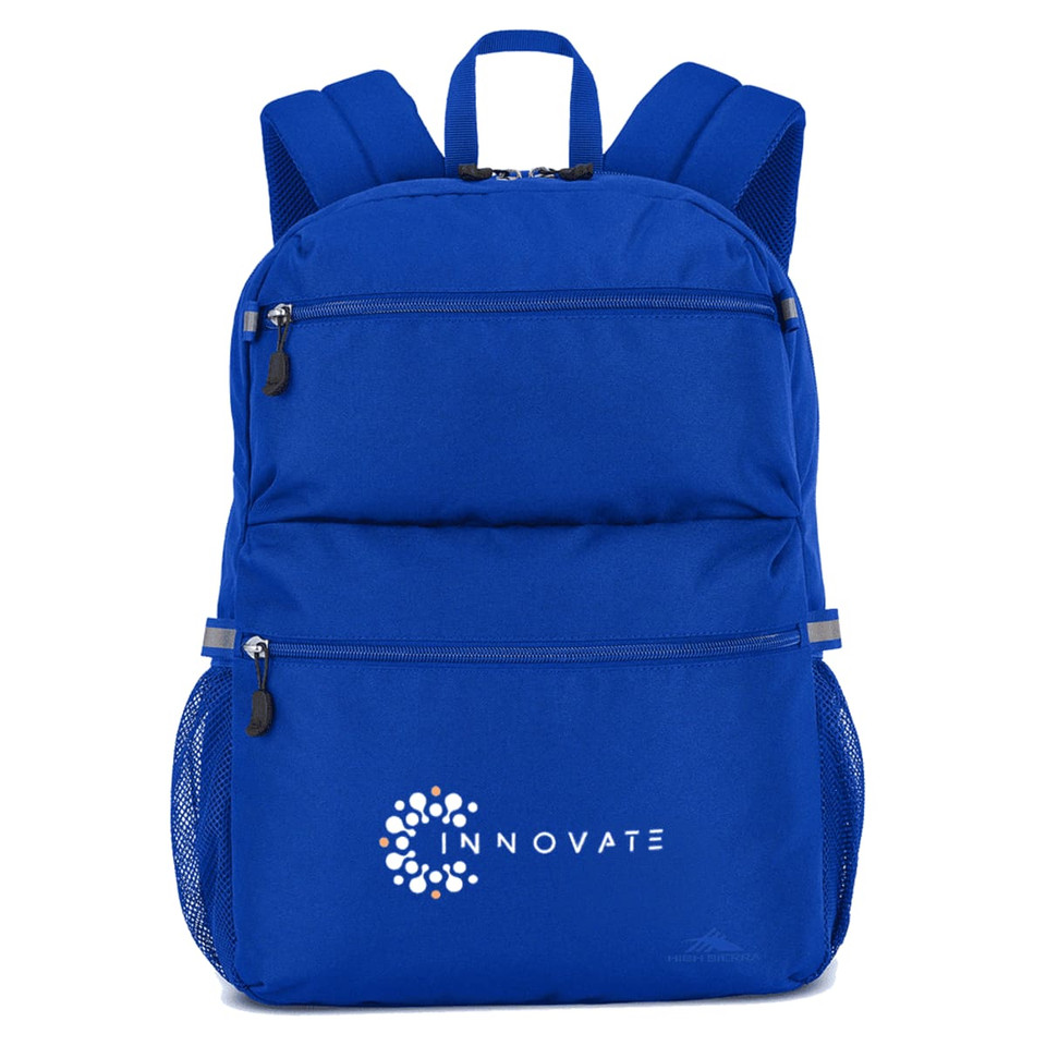 A blue High Sierra Everclass Backpack with multiple compartments and a mesh side pocket features a logo on the front.