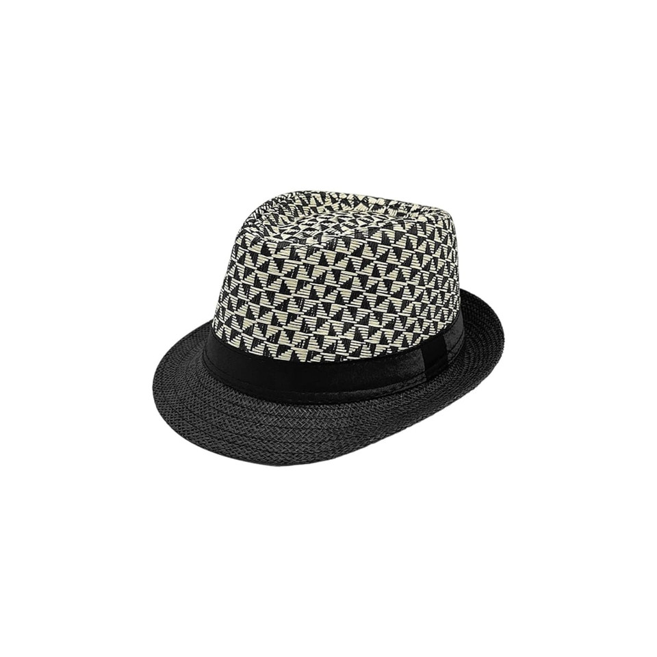 A straw woven top hat in black and white patterns with a black band around the base. Includes a logo.