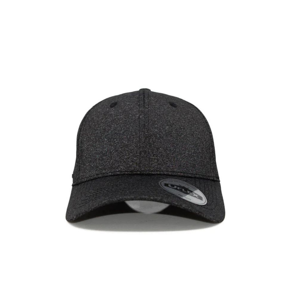 Black cap with curved brim and sticker, front view.