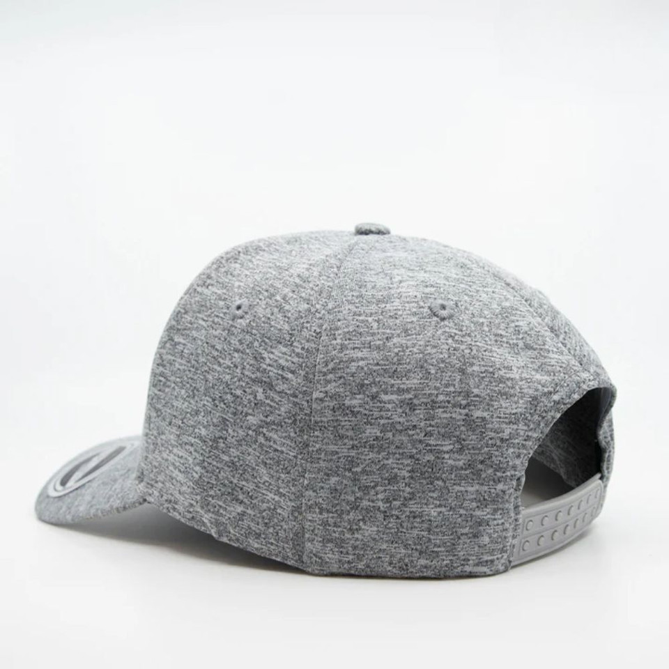 Grey adjustable snapback cap with textured fabric.