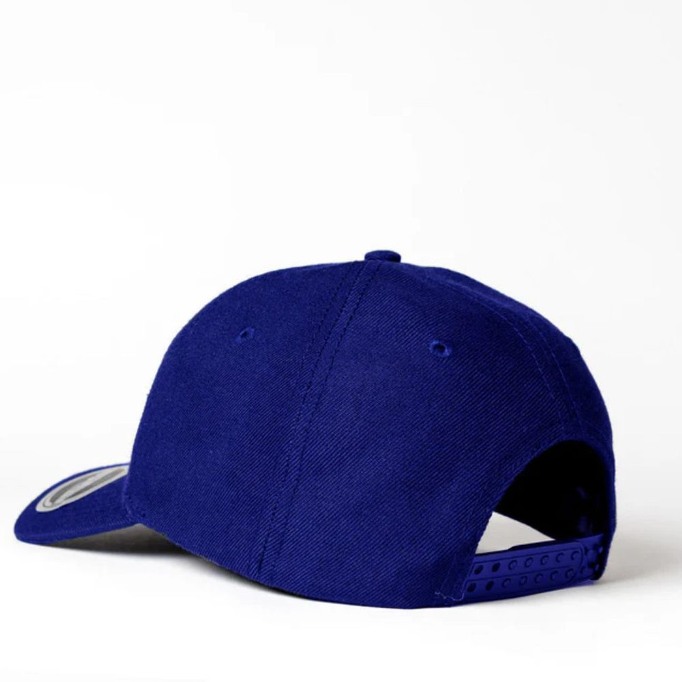 Blue baseball cap back view on white background.