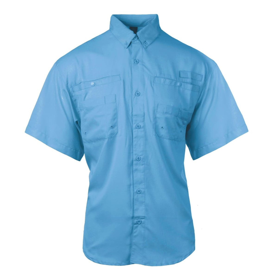 A short sleeve fishing shirt in light blue with two front pockets and a button-up design. It features a logo on the chest.