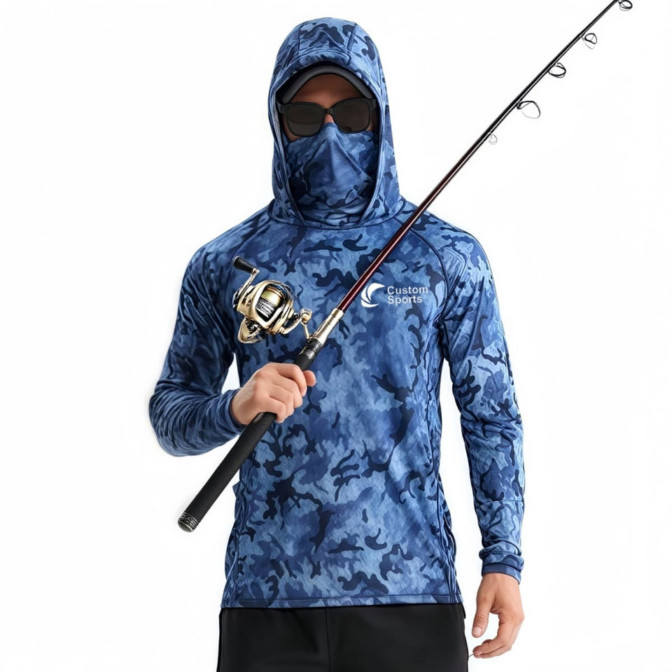 A blue camouflage fishing hoodie made of polyester and spandex, featuring a hood and a pocket.