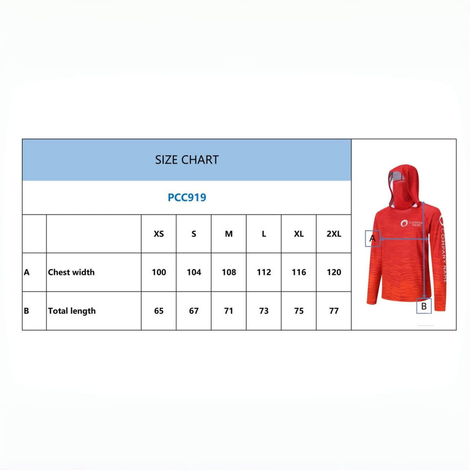 A red fishing hoodie made of polyester and spandex, featuring a hood and a pocket, with a size chart included.