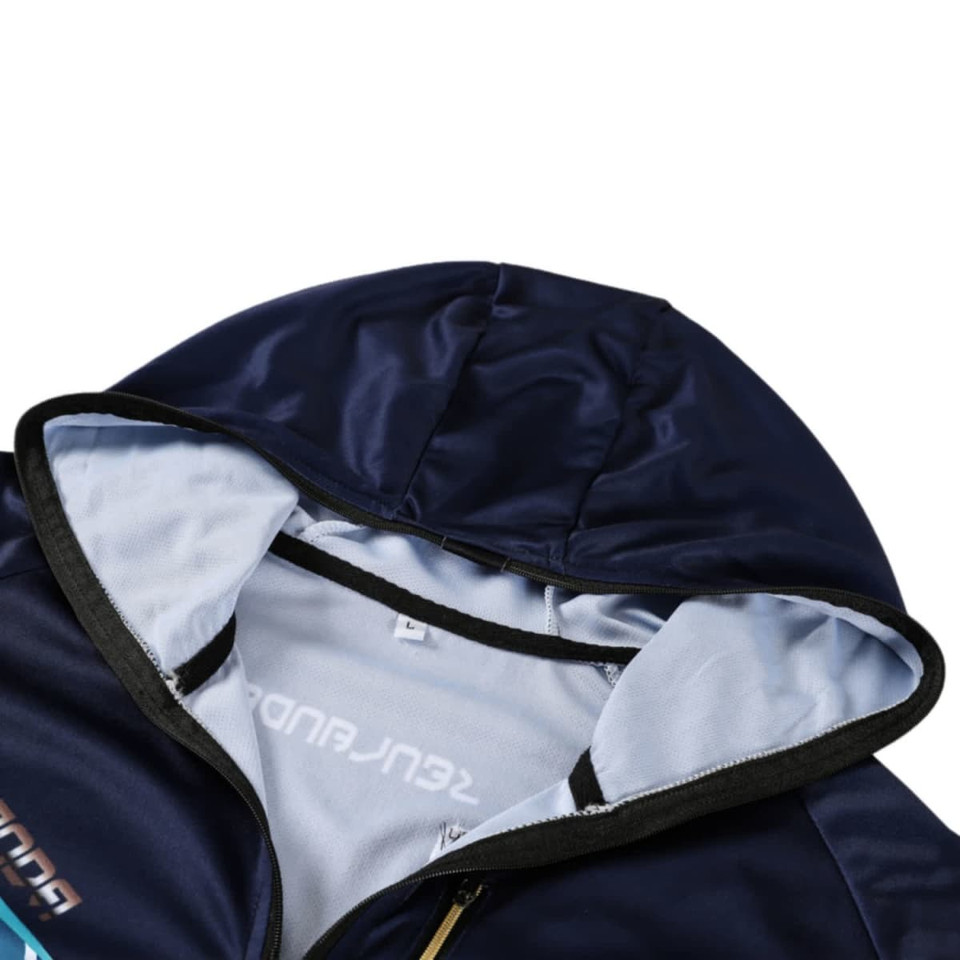 A navy hooded jacket made of 100% polyester, featuring a lined interior and a logo on the front.