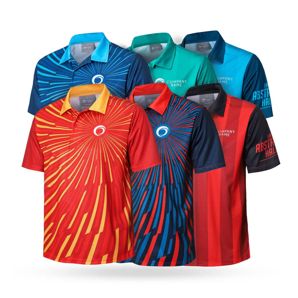 A collection of six vibrant polo shirts in red, blue, yellow, and teal, featuring various designs and a logo.
