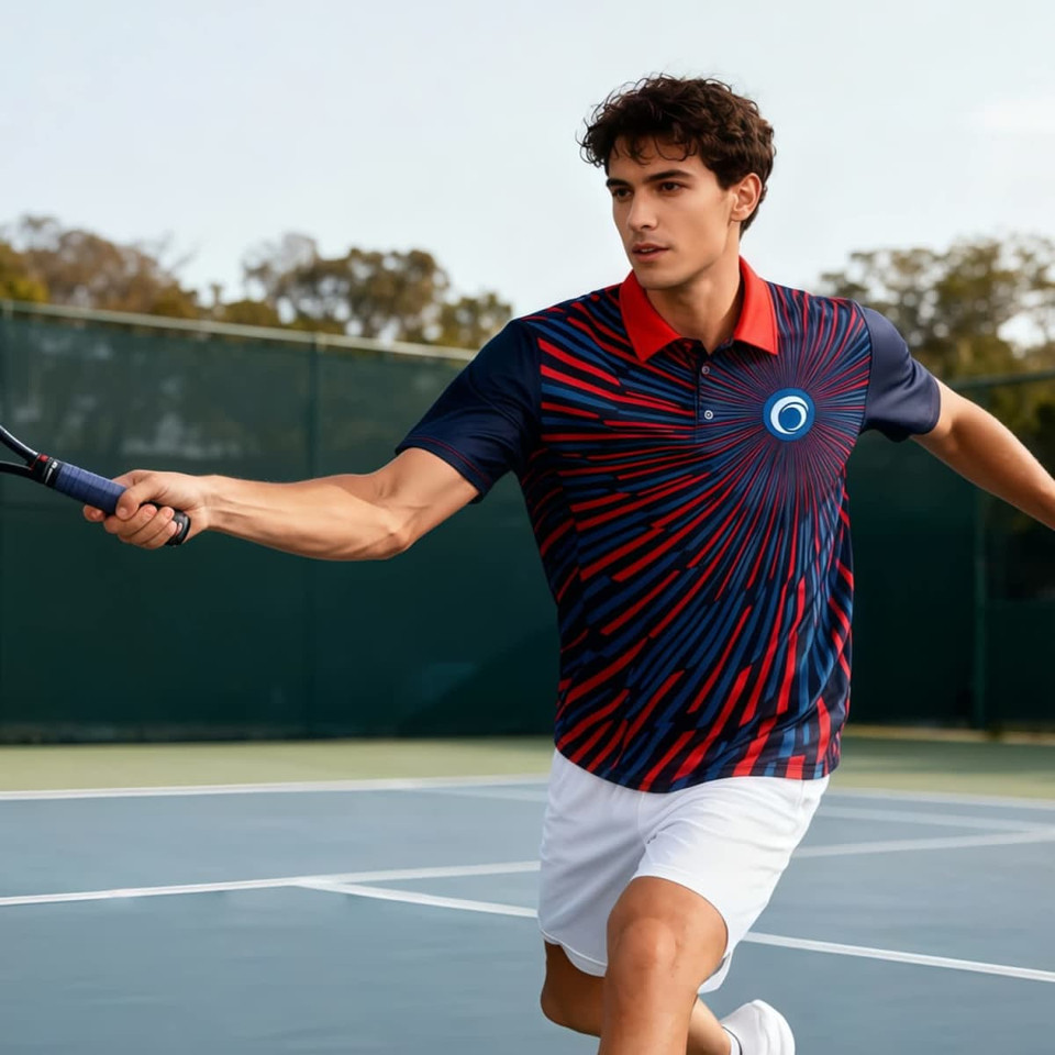 A man is wearing a red and navy blue polo shirt with a logo, holding a tennis racket on a court.